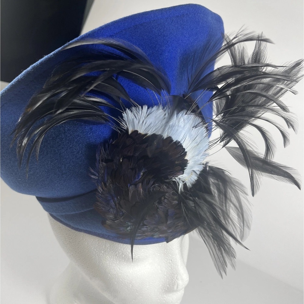 Jack McConnell Vintage Boutique Royal Blue 100% Wool Hat with Feathers Glamorous